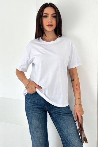 Noa & Noa Kadın %100 Pamuk Dekoratif Dikişli Basic Tişört Beyaz