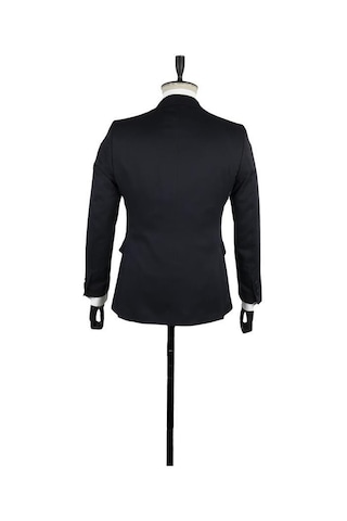 İmza Desenli Armürlü Mono Yaka Astarlı Yelekli 6 Drop Slim Fit Dar Kesim Smokin Damatlık 1001220202-Koyu Lacivert