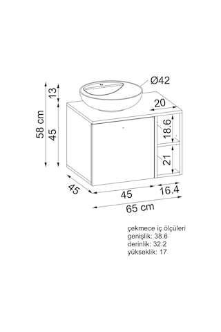 Ayaksız Lavabolu Mdflam 65 Cm Çekmeceli Banyo Dolabı Atlantik Çam - Antrasit