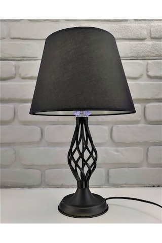 Siyah Rustik Burgulu Metal Ayak Taşlı Siyah Kumaş Şapkalı Abajur Siyah