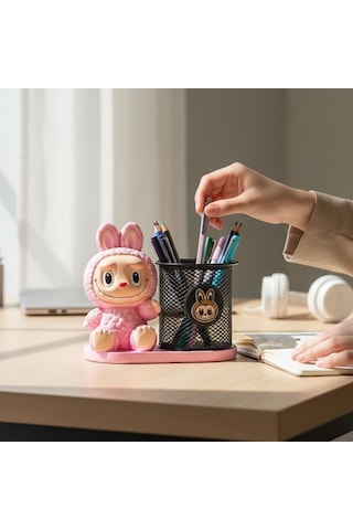 Sevimli Labubu Figürlü Masaüstü Kalemlik & Ofis Düzenleyici Pembe