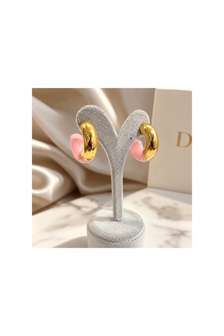 Gold Ve Pembe Mineli Yarım Halka Küpe - Modern Tasarım Pembe