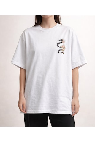 Yılan Ve Desen Sırt Baskılı %100 Pamuk Oversize T-shirt Beyaz