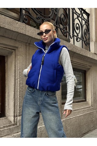 Veraura Lifestyle Saks Mavi Sırtı Taş İşlemeli Dik Yaka Kısa Şişme Yelek