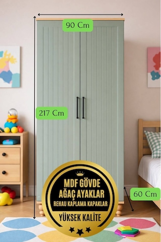 Arion Kids Gülsün 2 Kapaklı Çekmeceli Çocuk Odası Dolabı %100 Mdf Kalitesi Fonksiyonel, Dayanıklı Ve Modern Tasarım Yeşil