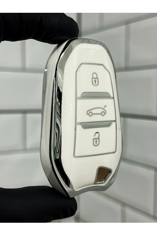 Peugeot 208 308 408 508 2008 3008 5008 Uyumlu Anahtar Kılıfı Beyaz - Gümüş
