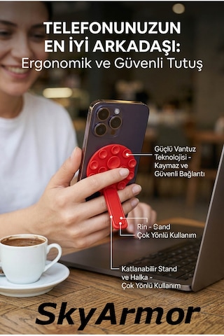 Standlı Silikon Vantuzlu Telefon Sabitleyici Ve Masa Üstü Tutucu Sky161 Kırmızı