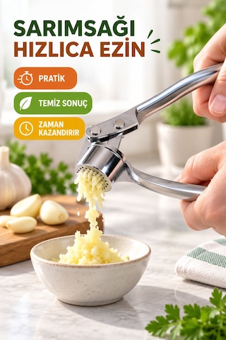 Paslanmaz Çelik Sarımsak Ezeceği Metal Hazneli Pratik Sarımsak Ezme Presi Gümüş