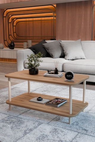 Kare Orta Sehpa 90 Cm 2 Raflı Salon Sehpası Ahşap Ayaklı Dekoratif Sehpa Atlantik Çam