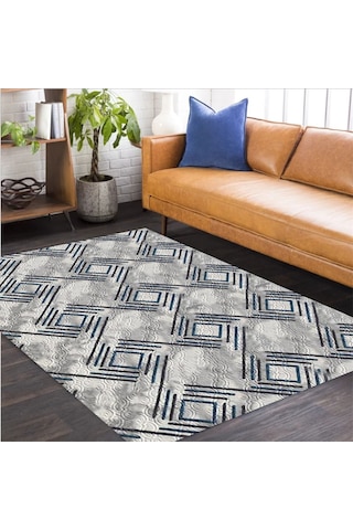 Mavi Gri Kaymaz Tabanlı Kesme Yolluk Koridor Mutfak Salon Halısı 5008 Mavi