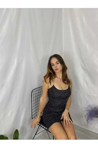 Gümüş Simli Ip Askılı Mini Elbise Siyah