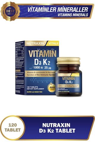 Nutraxin D3K2 120 Tablet – 1000 IU D3 + 25 mcg K2 Vitamini İçeren Takviye