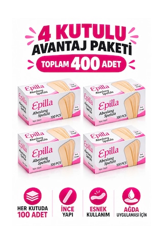Epilla 100'lü 4 Paket Abeslang Tahta Dil Çubuğu Basacağı - Ağda Spatulası, Avantaj