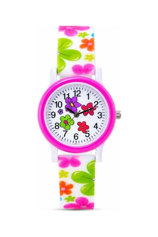 Çiçek Desenli Pembe Kız Çocuk Kol Saati Analog Saat St-304421 Beyaz