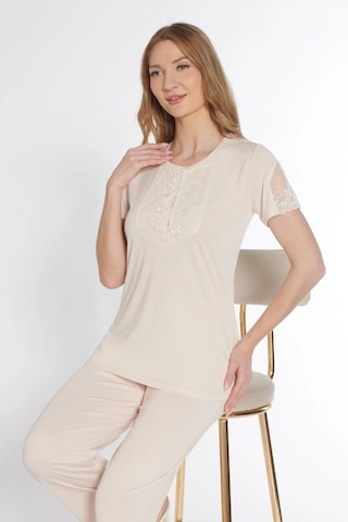 Kısa Kol Klasik Zakkum Pijama Takımı Dantel Detaylı Flz 88-114 Bej