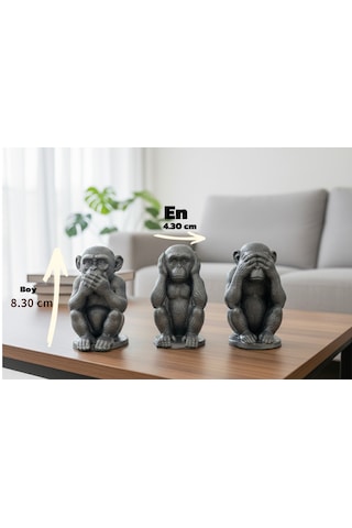3'lü Dekoratif Gümüş Eskitme Maymun Biblo Seti 8.30cmx4.30cm