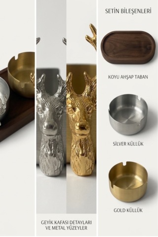 Küllük Ahşap Sunumluk Geyikli Gold-gümüş Metal İkili Dekoratif Küllük Klasik