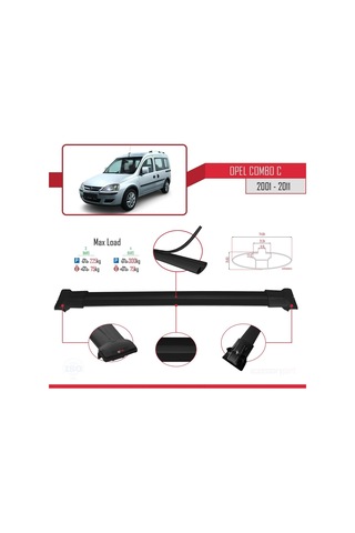 Opel Combo C 2001-2011 Arası İle Uyumlu Fly Model Ara Atkı Tavan Barı Siyah 4 Adet Bar