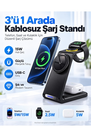 3 Ü 1 Arada 15w Manyetik Kablosuz Şarj Standı Telefon Akıllı Saat Ve Kulaklık Uyumlu Usb-c
