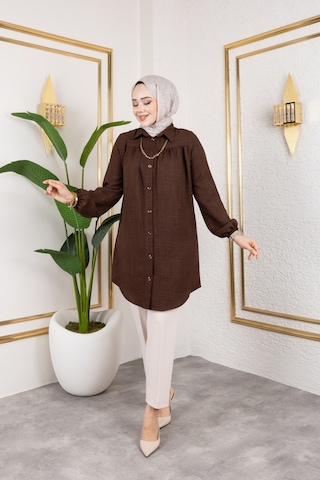 Önü Büzgülü Bilek Lastikli Tunik - Acı Kahve / Ü104 Acı Kahve Acı Kahverengi