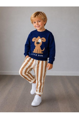 Köpek Baskılı Sweatshirt Ve Çizgili Pantolonlu Erkek Çocuk Alt Üst Takım -3ip Pamuklu Eşofman Takım Lacivert