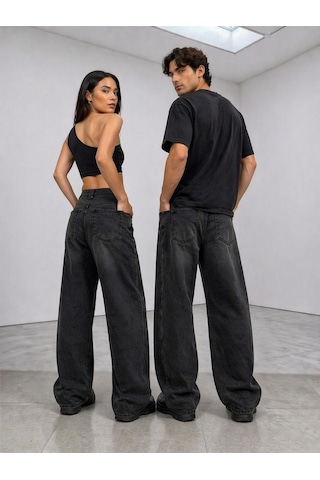 St.poll Eskitme Lacivert Yıkama Unisex Baggy Jeans Pantolon