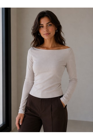 Sortie Collection Kayık Yaka Uzun Kollu Fit Bluz Taş