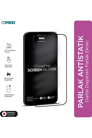 Phixi Premium Guard Parlak Cam Ekran Koruyucu Apple Uyumlu iPhone 15 Pro Antistatik, Su Tutmaz, Tam Kaplama