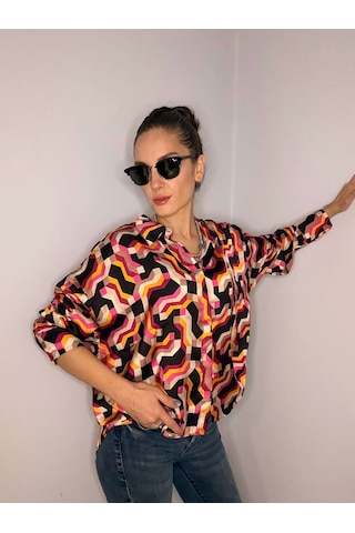 Ali Butik Retro Pembe Desenli Saten Gömlek Pembe