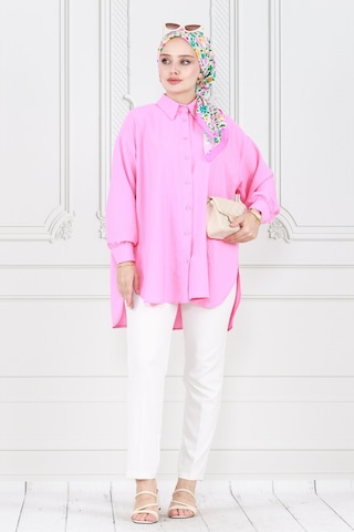 Sevitli Bol Kesim Yırtmaçlı Gömlek-pembe-3984-pembe Pembe