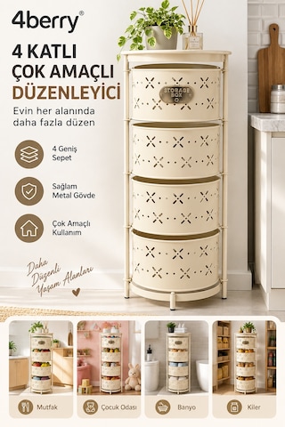 4 Katlı Metal Çok Amaçlı Düzenleyici Sepet Mutfak Sebzelik, Oyuncak, Banyo Ve Ev Organizeri Krem