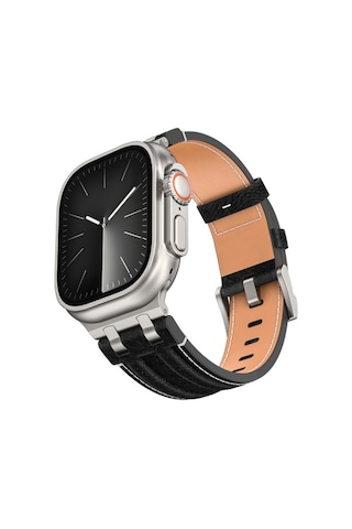 Apple Watch 7 45mm Uyumlu Krd-153 Kot Kumaş Tasarımlı Kordon - Gümüş-siyah