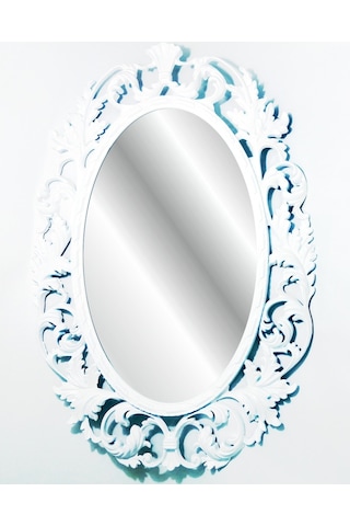 Antik Oymalı Desenli İşlemeli Rustik Beyaz Çerçeveli Boy Aynası Beyaz