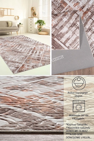 Raschel Carpet Kahve Emboss Desenli Kalın Yumuşak Kaymaz Özel Taban Halı Yolluk Kahverengi