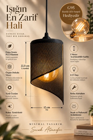 Spiral Tekli Sarkıt Avize Modern Özel Tasarım Salon Mutfak G95 Rustik Led Ampul Hediyeli Siyah