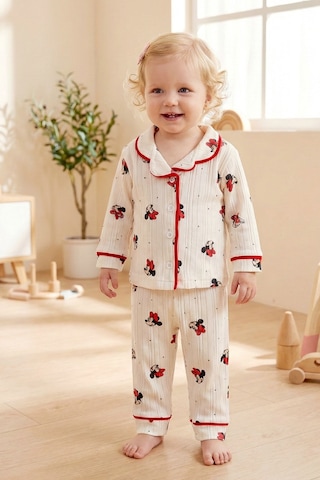 Babymod Fiğürlü Bebe Yaka Önden Düğmeli Kız Bebek Pijama Takımı Kımızı