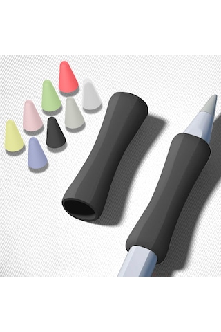 Apple Pencil 1-2 Nesil Pro Usb-c Uyumlu Soft Yumuşak Silikon Kalem Tutucu Ve 8'li Kalem Ucu Koruyucu Siyah