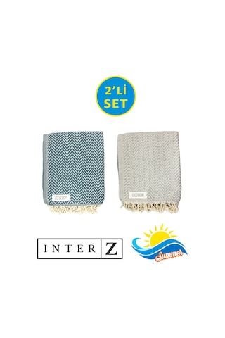 2'li Set Peştemal Plaj Havlusu , %100 Pamuk , Xxl 100x180cm, Marmaris, Gri - Mavi