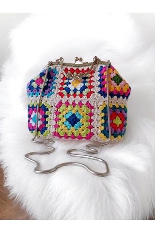 Embahandmde El Yapımı Metal Klipsli Renkli Granny Square Omuz Çantası Gümüş Zincirli Ekru - Çok Renkli