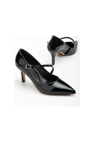 Büyük Beden Kadın Stiletto İnce Topuklu Ayakkabı Siyah Rugan Baretli-4292 Siyah