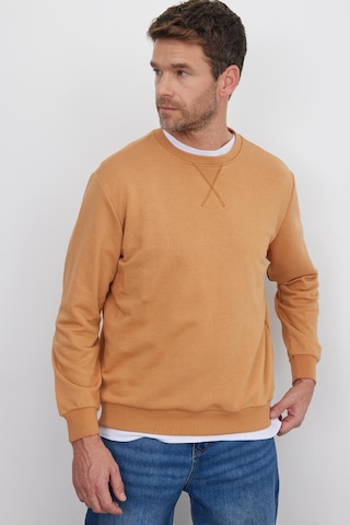 Tudors Unisex Relax Fit Rahat Kesim %100 Pamuk 3 İplik Basic Camel Bisiklet Yaka Sweatshirt-35146 Camel