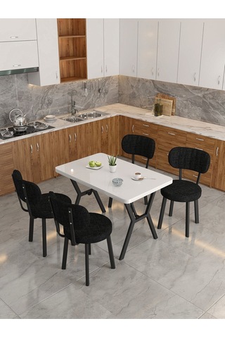 Azra 70x110cm Beyaz Mutfak Masası, Mutfak Masası Takımı, Yemek Masası, 4 Siyah Sandalye Siyah