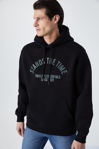 Grimelange Wulf Erkek Organik Kumaşlı İçi Polarlı Yumuşacık Kanguru Cepli Kapüşonlu Siyah Sweatshirt Siyah