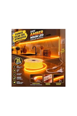 50 Metre Amber 220v Neon Led Şerit ,tak Çalıştır Set, Fişli Anahtarlı Esnek Şerit Led, ,turuncu Led,mutfak,tezgah Ledi,led Şerit Işık ,ambiyans Işık Havuzu, Kendinden Yapışkanlı,kehribar Led