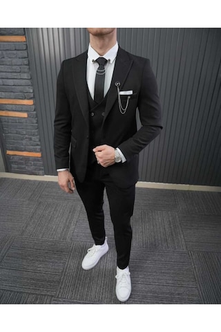 Beystil Sivri Yaka Siyah Takım Elbise Petek04 - Slim Fit Siyah
