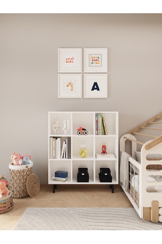 Ligno Mobilya Beyaz Montessori Çocuk Odası Kitaplığı - 103 CM Oyuncak ve Kitap Düzenleyici, Robot Süpürge Uyumlu 9 Küp Bölmeli Dolap