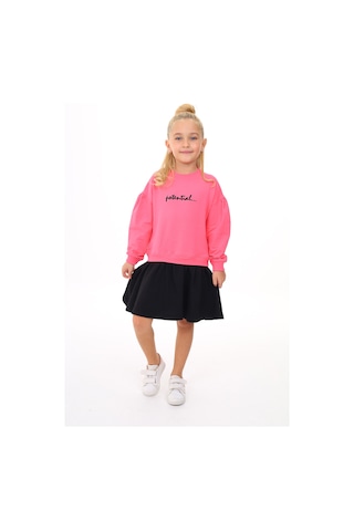 Toontoy Kız Çocuk Baskılı Relax Fit Bisiklet Yaka Uzun Kollu Elbise - Renk Bloklu - Tk24346 Fuşya