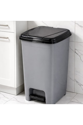 Porsima 0122 Pedallı Metalize Banyo Mutfak Çöp Kovası Siyah Kapaklı Slim Pedallı Çöp Kovası 40 Litre Siyah