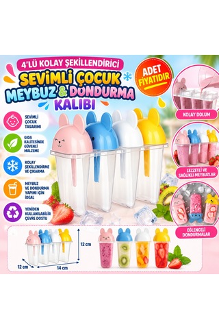 4'lü Kolay Şekillendirici Sevimli Çocuk Meybuz & Dondurma Kalıbı Ap-9179 Adet Fiyatıdır Beyaz - Çok Renkli