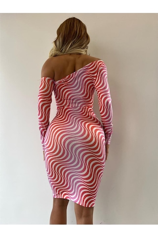 Pink Life Beyaz Kırmızı Simli Uzun Büzgülü Elbise Kırmızı
